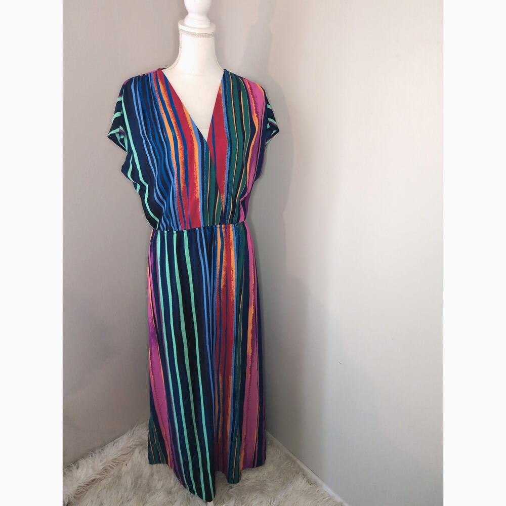 Halogen Boho Maxi Dress Multicolor Stripe Batwing Kimono Flowy Resort